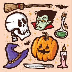 Sticker set of spooky halloween elements vector