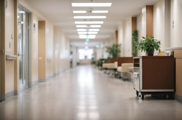 Fototapeta premium Hospital hallway, reception clinic. Unfocused background. 