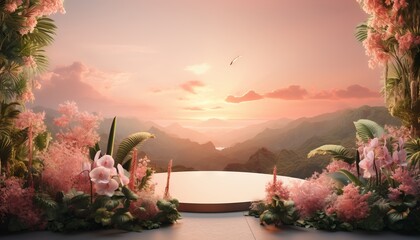 Fototapeta na wymiar beauty podium surrounded by lush greenery, set against a backdrop of a dreamy. Romantic 3d scene