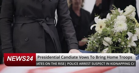 News, broadcast and woman at funeral of soldier for military, mourning and veteran memorial. American flag, coffin and headline, report and presidential announcement for army troops on television