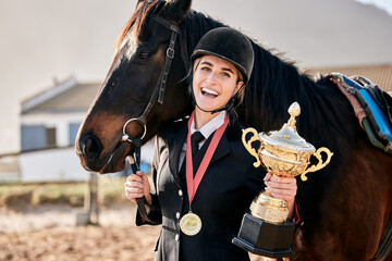 Portrait, equestrian and prize horse with a woman on a ranch for sports, training or a leisure...