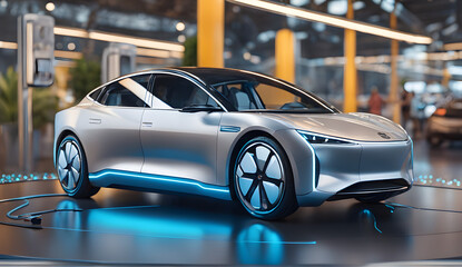 Obraz premium choosing an electric vehicle, electric car choices, pointing at a symbol on a charging machine, electric car production, virtual technology, AR (Augmented Reality), VR (Virtual Reality), and the metav