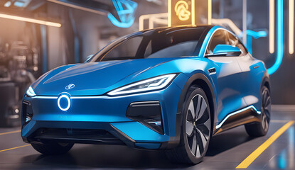 Fototapeta premium choosing an electric vehicle, electric car choices, pointing at a symbol on a charging machine, electric car production, virtual technology, AR (Augmented Reality), VR (Virtual Reality), and the metav