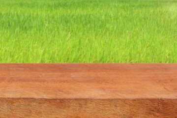 Wooden table with blurred grass background for product display concept. 