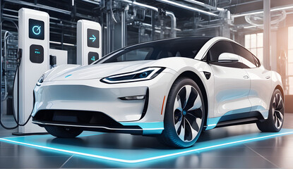 Fototapeta premium choosing an electric vehicle, electric car choices, pointing at a symbol on a charging machine, electric car production, virtual technology, AR (Augmented Reality), VR (Virtual Reality), and the metav