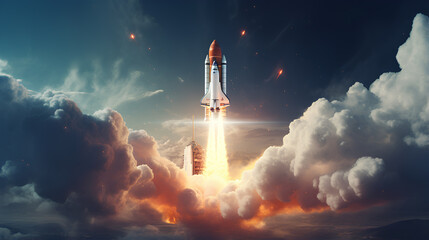 Taking off rocket made with technology, rocket flame ignites as it takes off into space. - obrazy, fototapety, plakaty