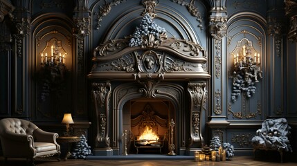 Obraz premium A room with a fireplace and a Christmas tree decorated for the New Year and Christmas holiday