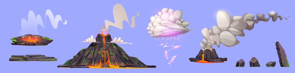 Set of volcanic landscape design elements. Vector cartoon illustration of volcano eruption, lava and steam flowing from mountain cracks, cloud with lightning, prehistoric stones isolated on background