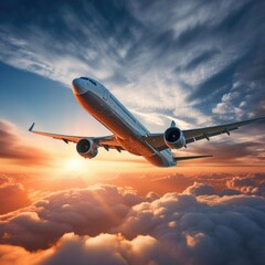 Airplane is flying above the clouds at sunset in summer. Landscape with passenger airplane, beautiful clouds, blue sky. Aircraft is taking off. Business travel. Commercial plane. Aerial view