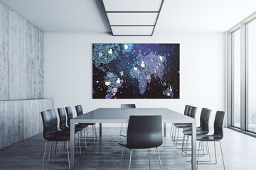 Social network icons concept and world map on presentation tv screen in a modern meeting room. Marketing and promotion concept. 3D Rendering