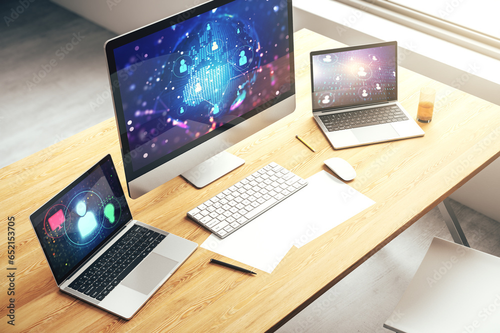 Aufkleber social network concept with world map on modern laptop screen. 3d rendering