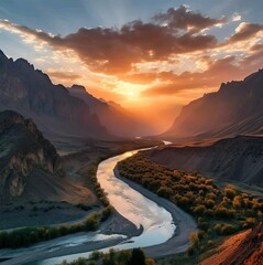 Fototapeta premium View of dry river with mountain and sunset view 