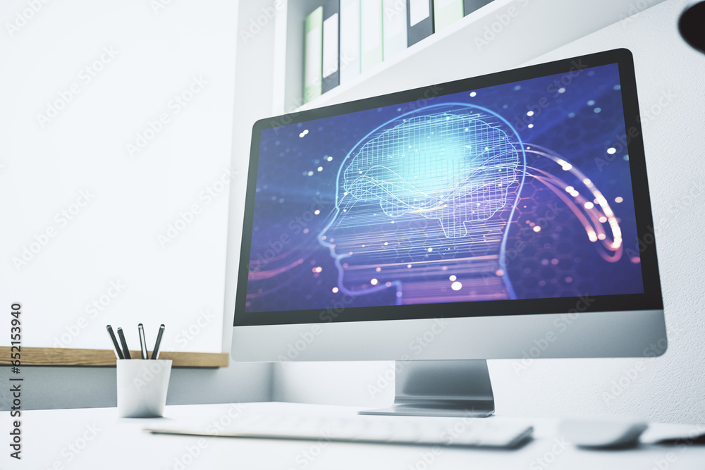 Aufkleber modern computer monitor with creative artificial intelligence symbol. neural networks and machine le