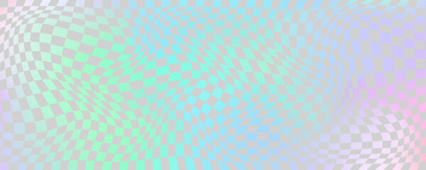 Checkerboard wavy pattern. Abstract holographic chessboard vector print. Y2k psychedelic optical foil grid. Swirl rainbow geometric retro design