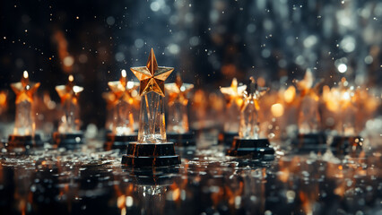 Preisverleihung Award mit wunderschönen Pokal im goldenen Lichter Bokeh im Querformat, ai generativ
