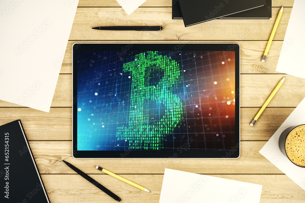 Poster modern digital tablet monitor with creative bitcoin symbol. cryptocurrency concept. top view. 3d ren