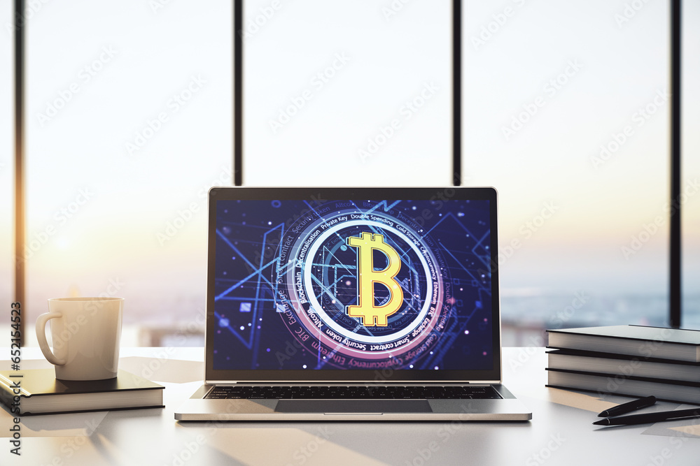 Poster Creative Bitcoin concept on modern laptop screen. 3D Rendering