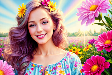 portrait of a beautiful girl posing in nature, a bright sunny day in the forest, a glade with wild flowers