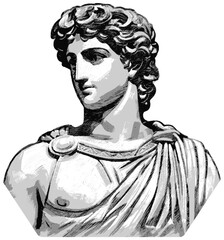 Young greek God Apollo statue vector sticker, monochrome bust
