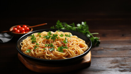 Chinesisches und Japanisches Pfannengericht mit Nudeln und Fisch angerichtet im Querformat f&uuml;r Banner, ai generativ