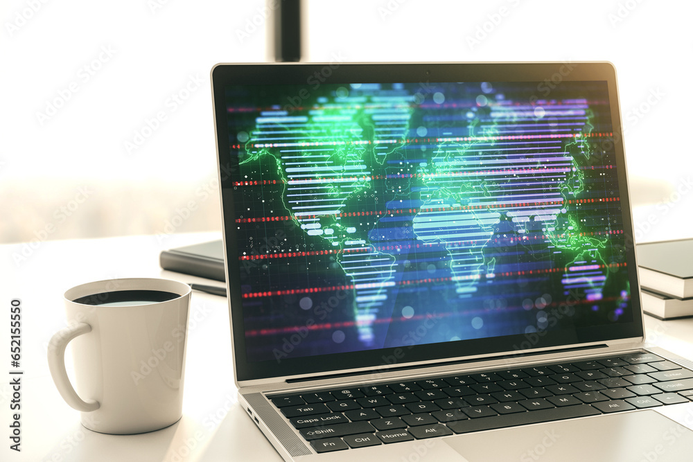 Poster abstract graphic world map on modern laptop screen, connection and communication concept. 3d renderi