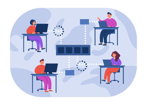 Digital connection between remote colleagues vector illustration. Cartoon drawing of central hub of connected computers of workers. Technology, cyberspace, communication concept