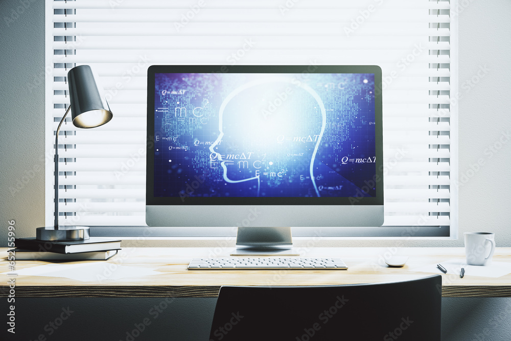 Poster creative artificial intelligence concept with human head hologram on modern laptop screen. 3d render