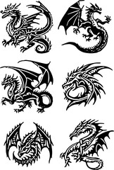 Set of black and white vector logo illustration of a dragon, tattoo design