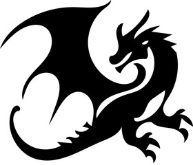Black and white vector logo illustration of a dragon, tattoo design