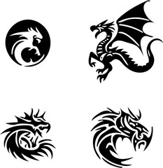 Set of black and white vector logo illustration of a dragon, tattoo design