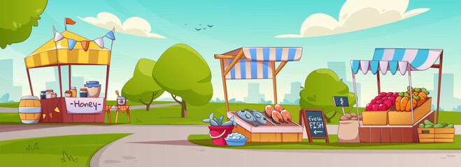 Food street market with stall for farm fruit, vegetable and local fresh agriculture. Outdoor marketplace awning stand in city park to buy organic harvest and natural meat or fish. Grocery kiosk design