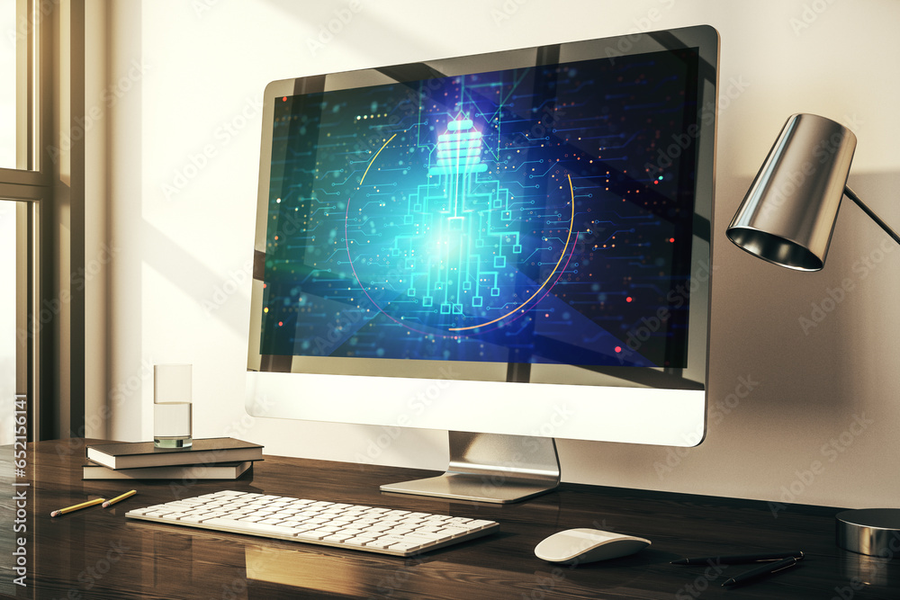 Poster Creative light bulb illustration with microcircuit on modern computer monitor, future technology concept. 3D Rendering