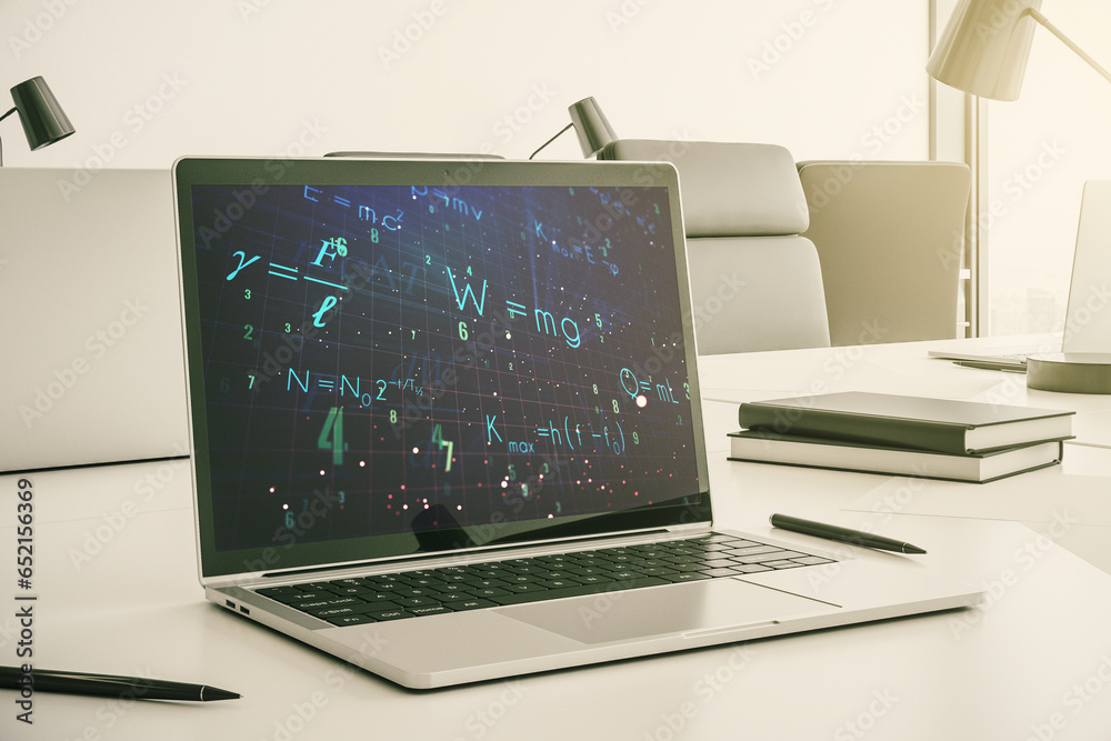Poster Modern computer monitor with creative scientific formula concept, research and development concept. 3D Rendering