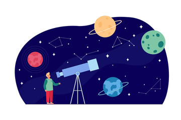 Boy looking at planets through telescope vector illustration. Cartoon drawing of kid looking at night sky with stars, constellations and planets. Astronomy, outer space, science, observation concept