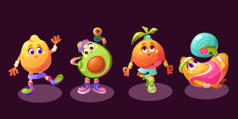 Cute fruit yoga character do gym exercise vector. Funny food set with workout pose for athlete class. Lemon pilates, avocado with dumbbell, orange zen and banana training ball isolated wellness pack