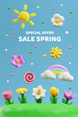 Spring Sale banner or special store offer poster 3D vector illustration.