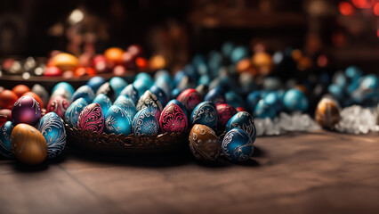 Sch&ouml;ne bunte Ostereier in edlen Motiven bemalt als Querformat f&uuml;r Poster und Banner, ai generativ