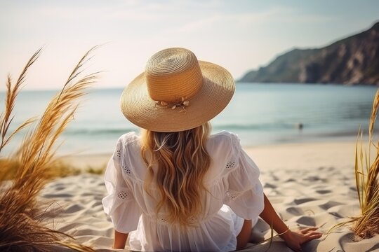 young beautiful woman wearing a white dress and a straw hat sitting on a beach - rear view travel concept (Generative AI)