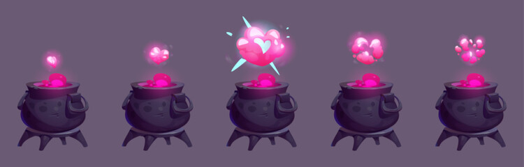 Pink magic witch pot animation cartoon sprite. Heart steam cloud above love potion in cauldron vector illustration. Spritesheet sequence with bubble boiler and mystery hot witchcraft evaporation