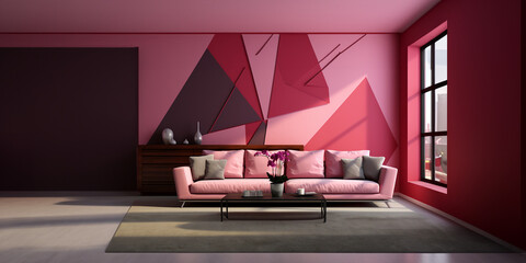 Wunderschöne Wohnzimmer Einrichtung in Pastell Farben und modernen verspielten Retro Stil Querfomat, ai generativ