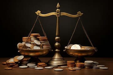 A balance scale meticulously weighs coins, epitomizing the essence of financial equilibrium, valuation, and monetary decisions.