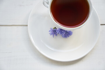 Top view of the chicory drink. Cichorium flowers in a saucer, on a light background. Flowers of ordinary chicory or cichorium dioecious. With space to copy. High quality photo