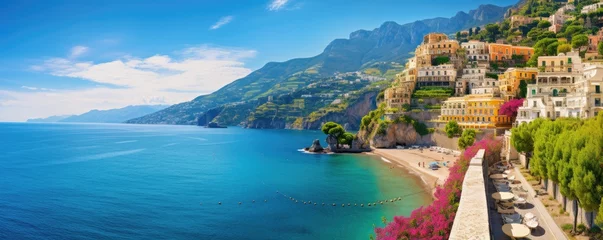 Deurstickers Panoramic view of  Amalfi coast on hills with flowers and sea, Campania, Italy. Generative ai © alexanderuhrin