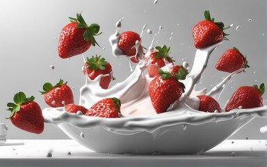 Strawberries  with a splash of milk flying in the air