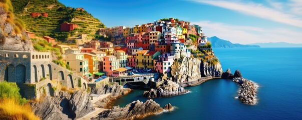 Panoramatic view of colorfull town, coast in  Cinque Terre, Liguria, Italy. Sunny day. Generative ai