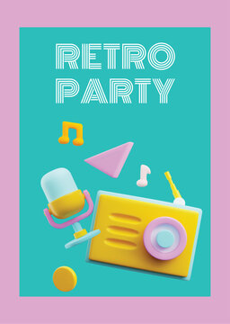 Retro music party banner or cover design 3D realistic render illustration.