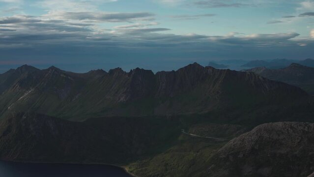 Majestic Mountains Of Grytetippen During Sunset In Senja Islands, Fjordgard, Norway. Aerial Shot