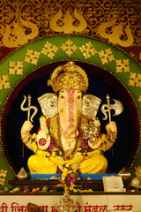 Pune, Maharashtra, India, 19 September 2023, Beautiful idol of Lord Ganesh installed by Jilbya Maruti Mandal Trust Ganapati during Ganesh festival 2023.