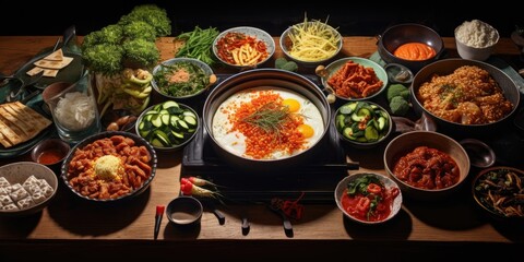 illustration of Korean food on a table, generative AI - obrazy, fototapety, plakaty