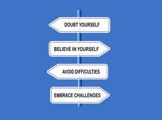Believe in yourself, embrace challenges, and their opposites. Motivational and inspirational quote on street sign. Blue background. - obrazy, fototapety, plakaty